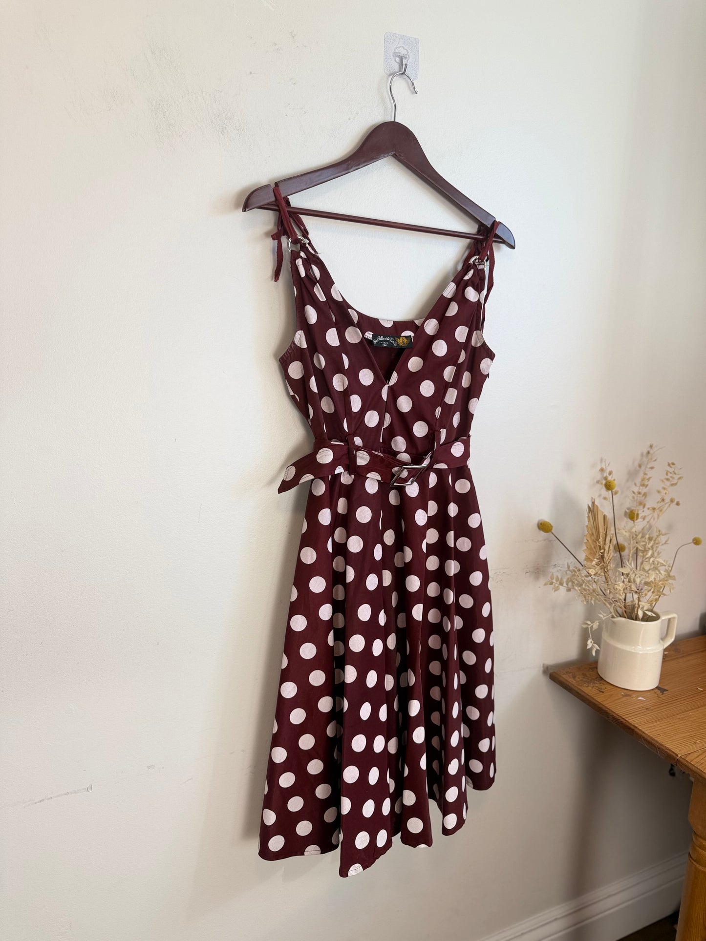 Vintage 90s Des Filles a la Vanille Paris Polka Dot Dress in Maroon/White (Size S)