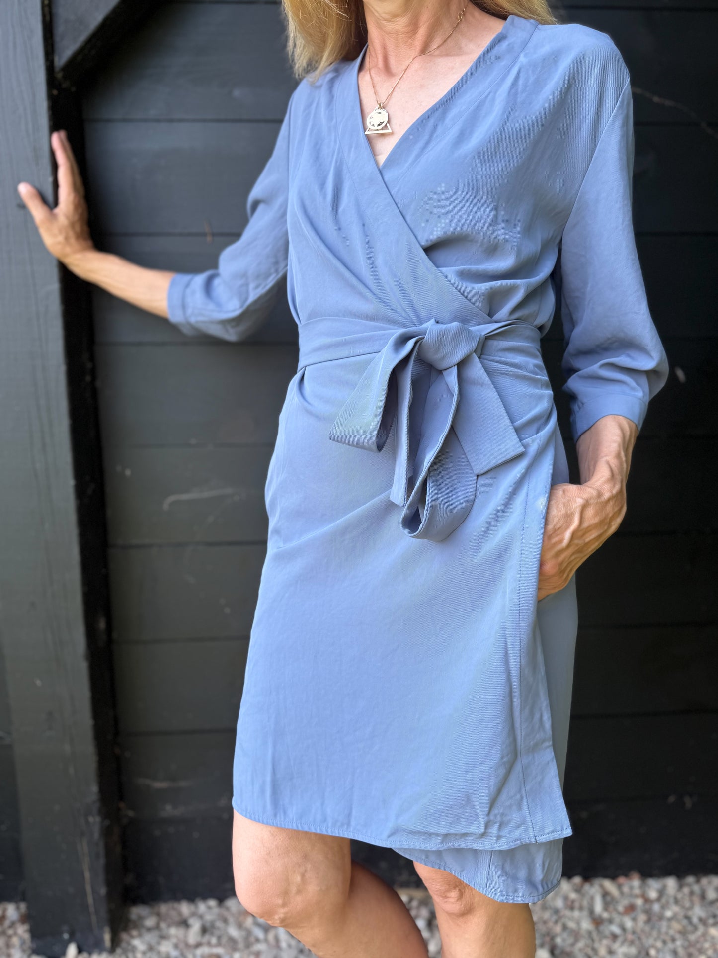 Everlane "The Japanese GoWeave Long-Sleeve Mini Wrap Dress in Blue" (Size S/M)