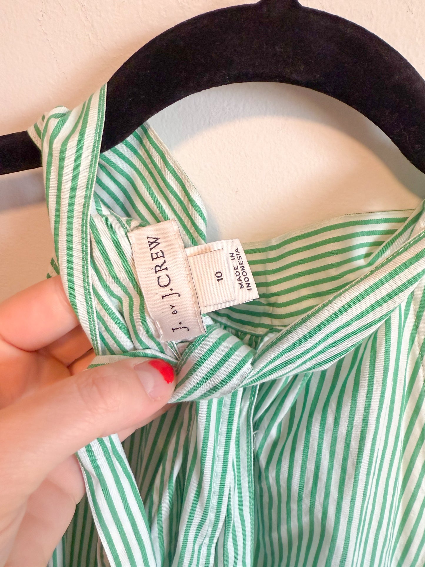 J.Crew "Tie-Neck Poplin Cotton Top in Green/White" (Size 10)