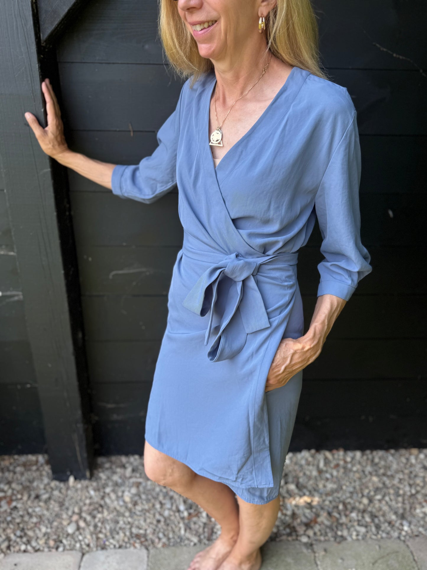 Everlane "The Japanese GoWeave Long-Sleeve Mini Wrap Dress in Blue" (Size S/M)