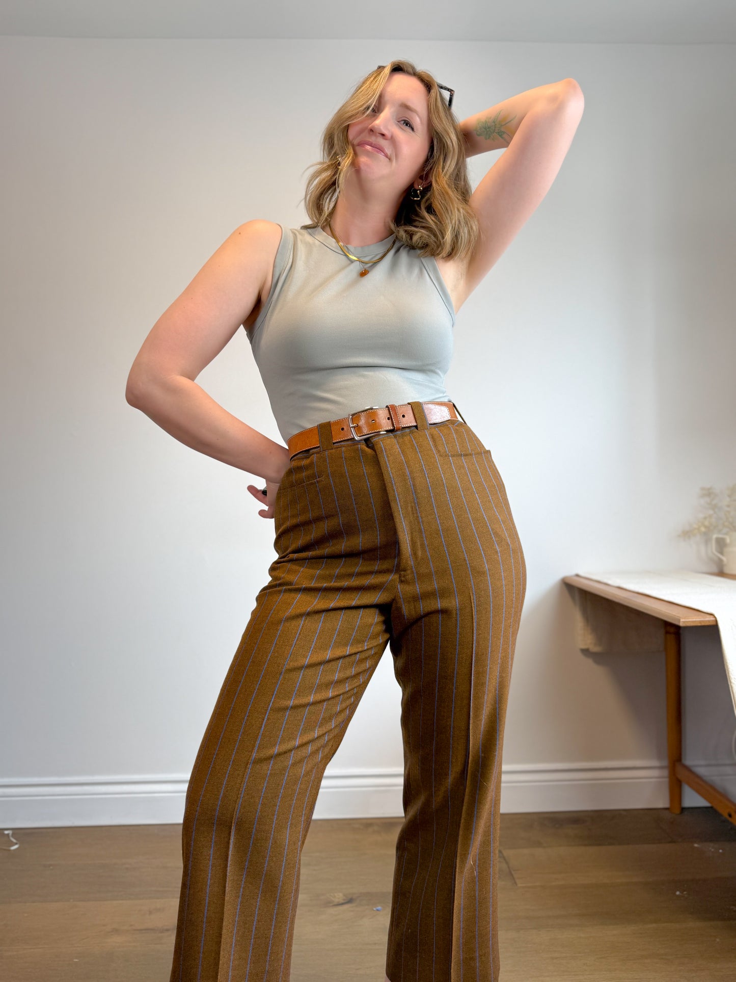 Vintage Striped Trousers in Brown/Blue (Size XL)