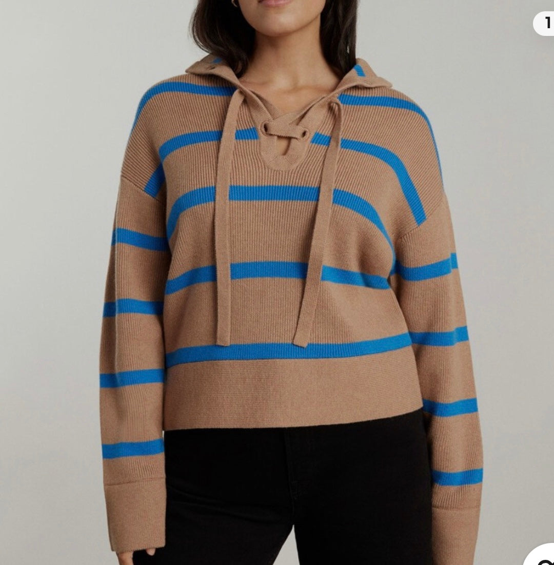 Everlane "The Lace-Up Smock Sweater in Blue/Brown Stripe" (Size M)