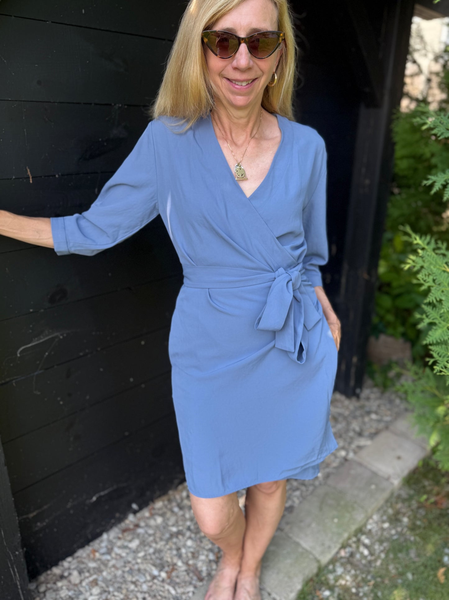 Everlane "The Japanese GoWeave Long-Sleeve Mini Wrap Dress in Blue" (Size S/M)
