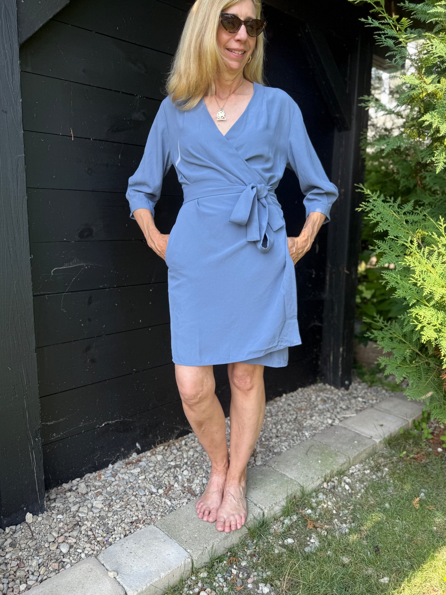 Everlane "The Japanese GoWeave Long-Sleeve Mini Wrap Dress in Blue" (Size S/M)