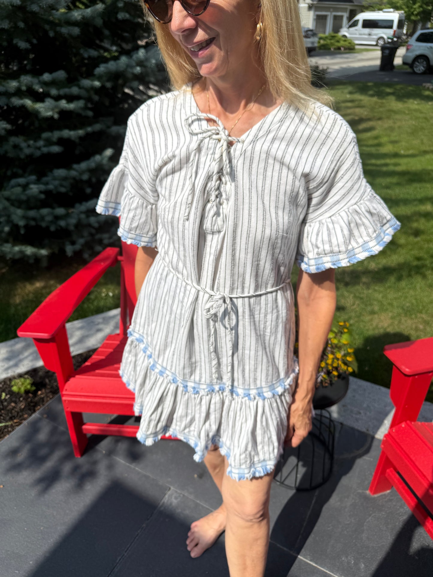 SUBOO Striped Fringe Mini Dress in White (Size S)
