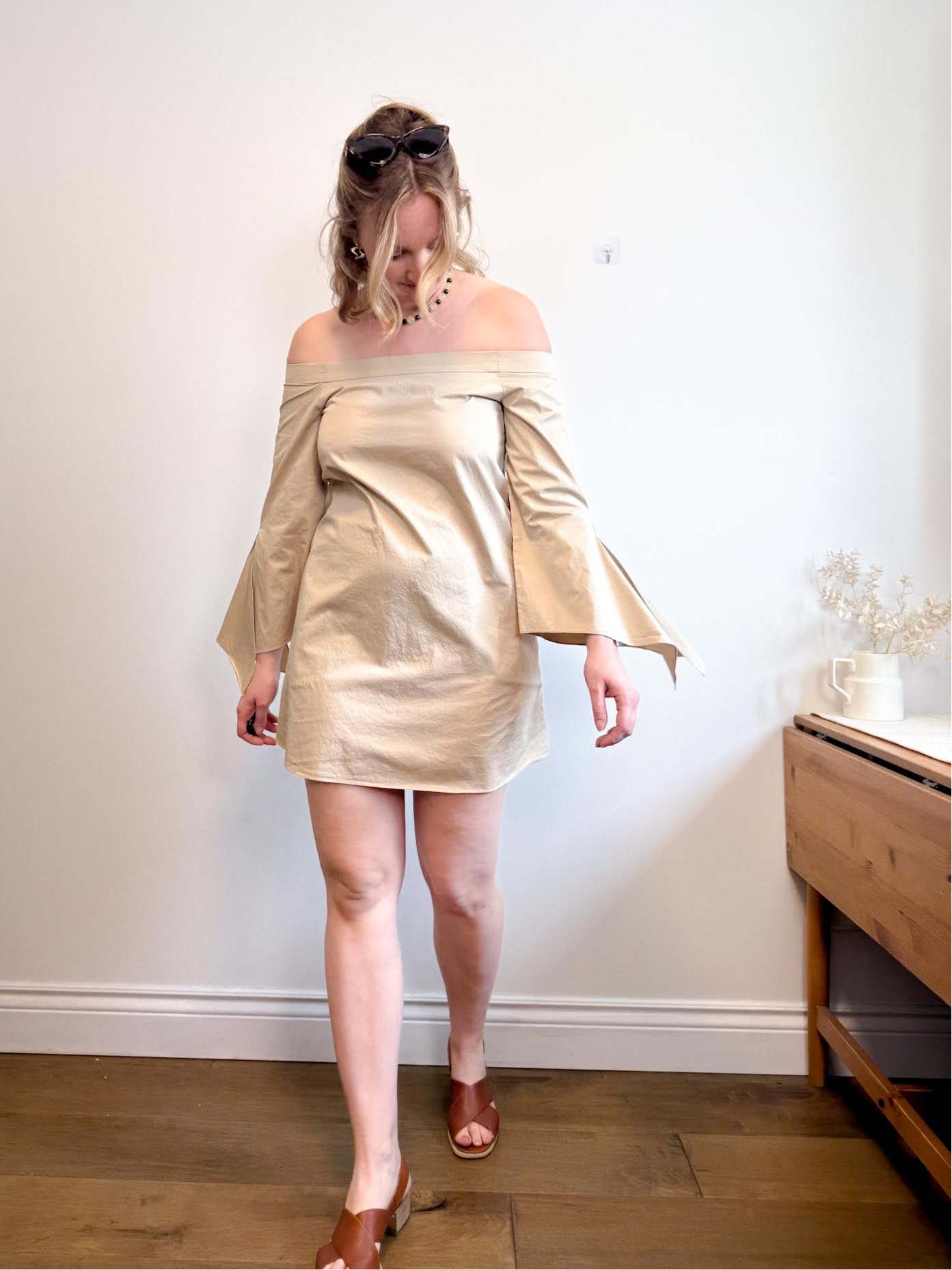tibi off the shoulder dress Tibi Off the Shoulder Cotton Crepe Mini Dress in Beige (Size S) – Middle  Child Vintage Shop