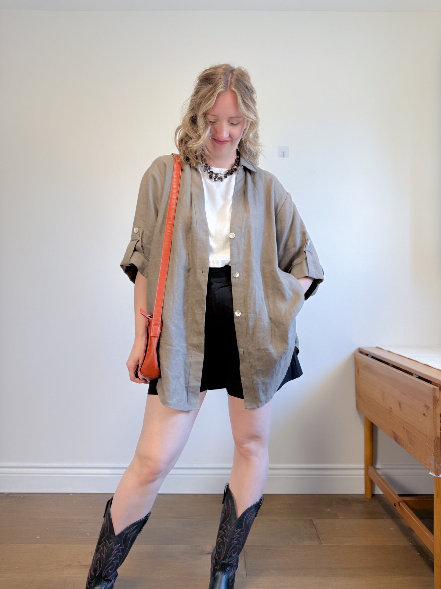 Vintage Oversized Linen Blouse in Grey Brown (Size XL)