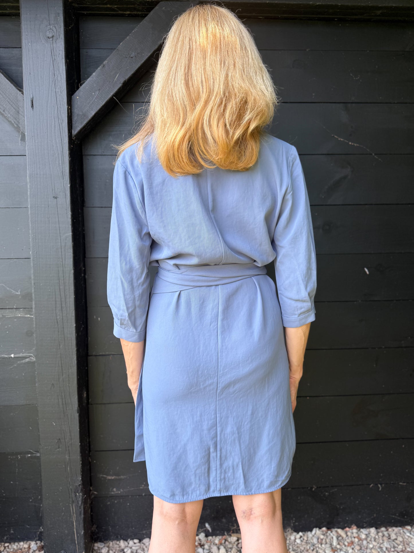 Everlane "The Japanese GoWeave Long-Sleeve Mini Wrap Dress in Blue" (Size S/M)