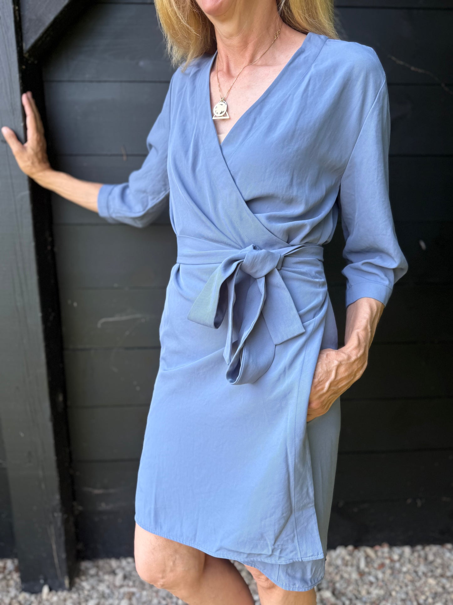 Everlane "The Japanese GoWeave Long-Sleeve Mini Wrap Dress in Blue" (Size S/M)