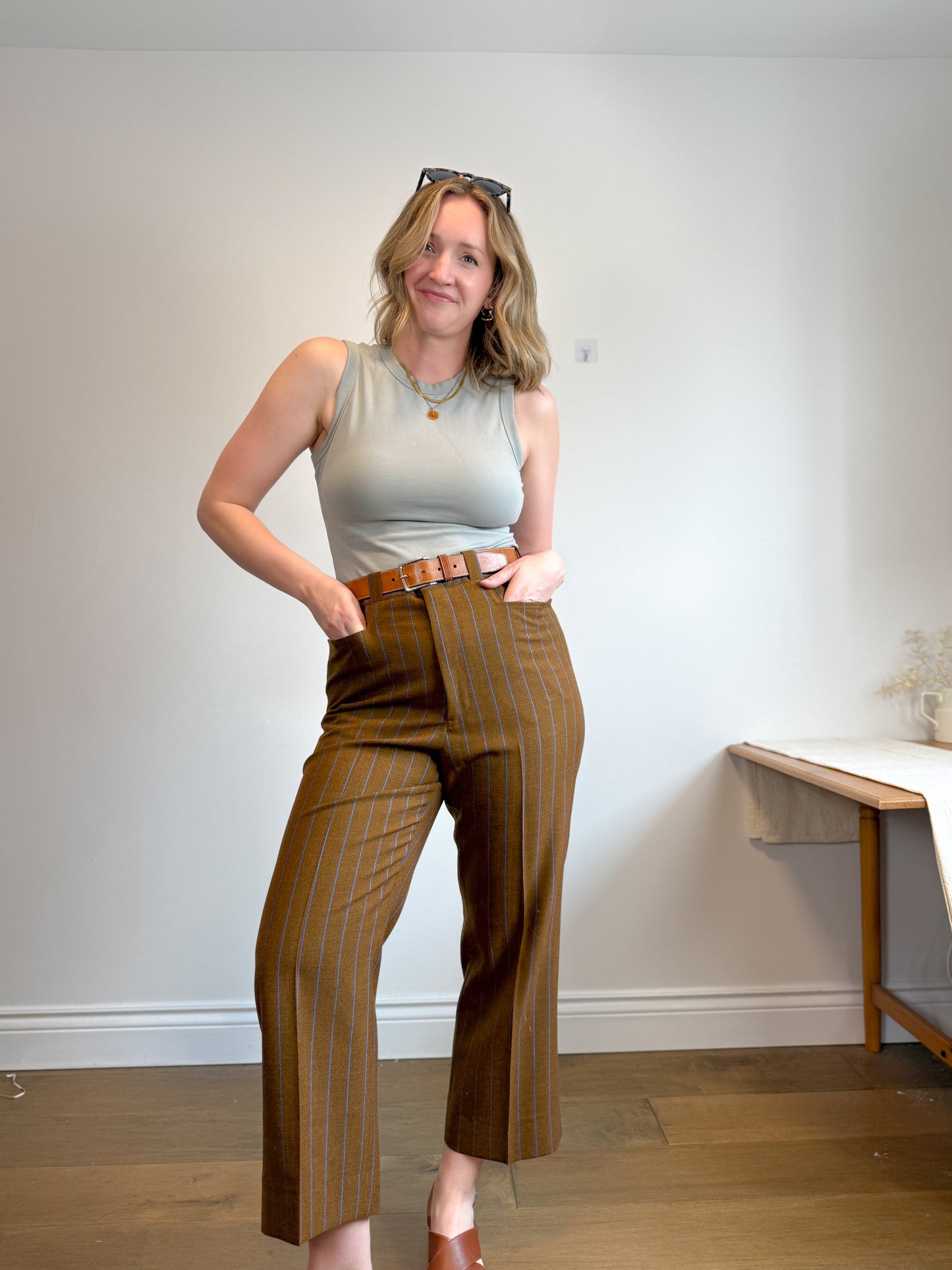 Vintage Striped Trousers in Brown/Blue (Size XL)