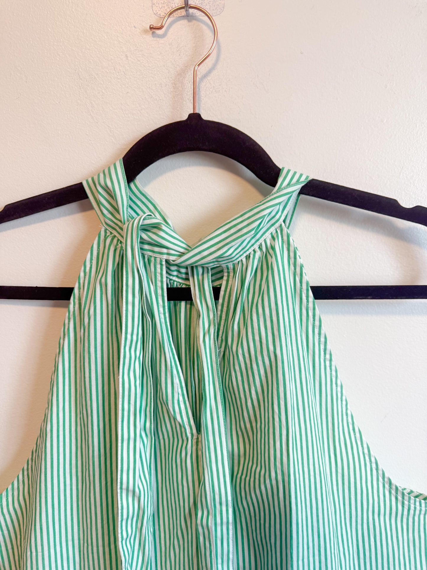 J.Crew "Tie-Neck Poplin Cotton Top in Green/White" (Size 10)