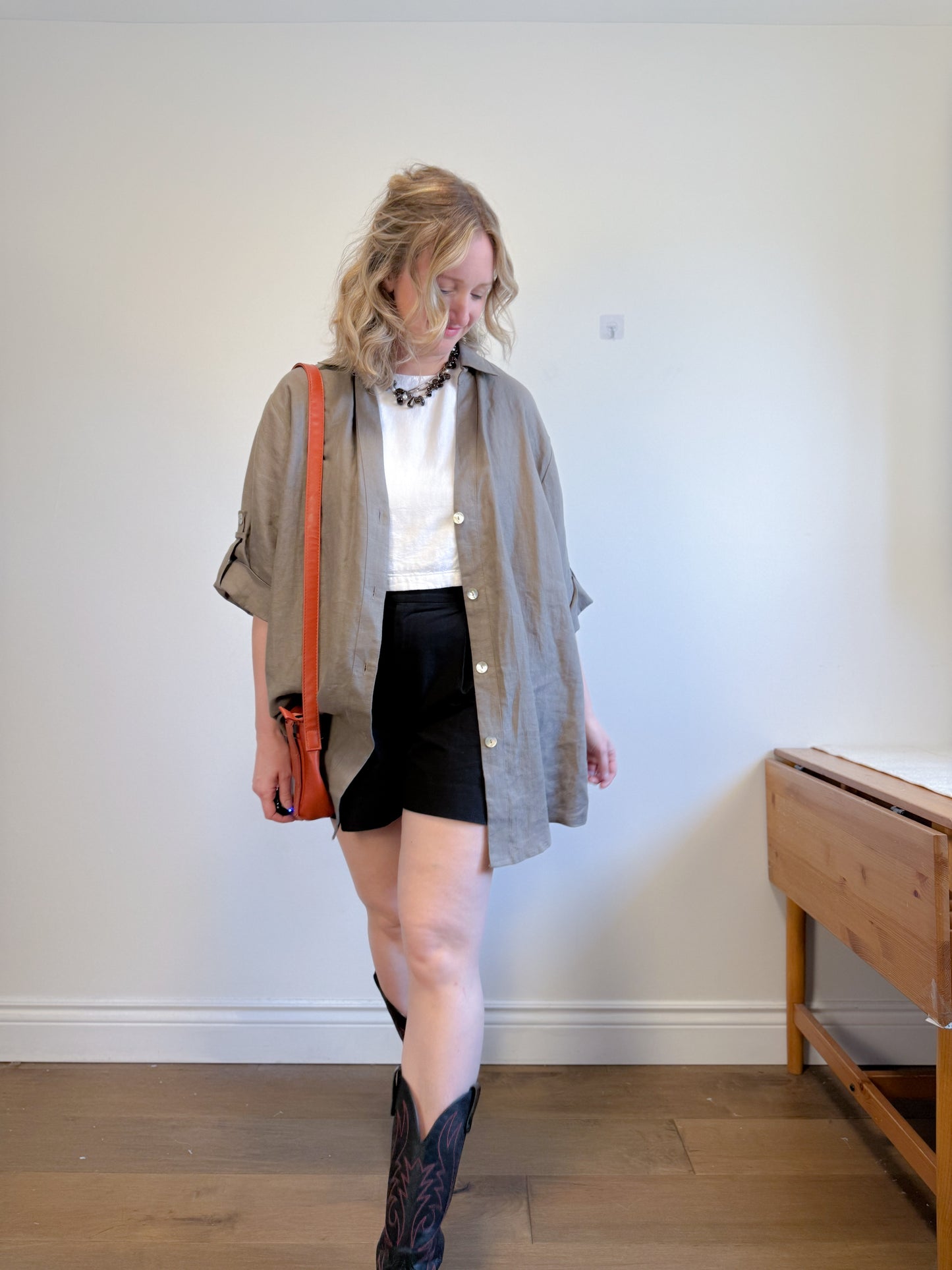 Vintage Oversized Linen Blouse in Grey Brown (Size XL)