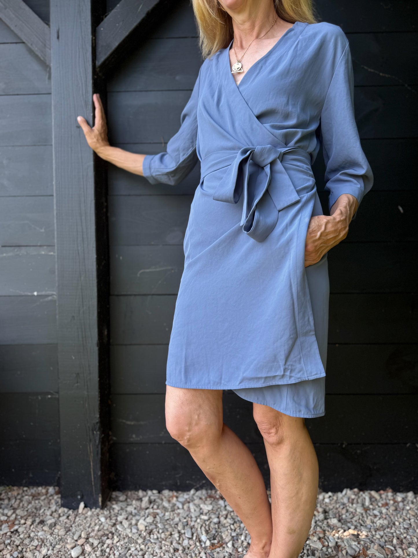 Everlane "The Japanese GoWeave Long-Sleeve Mini Wrap Dress in Blue" (Size S/M)
