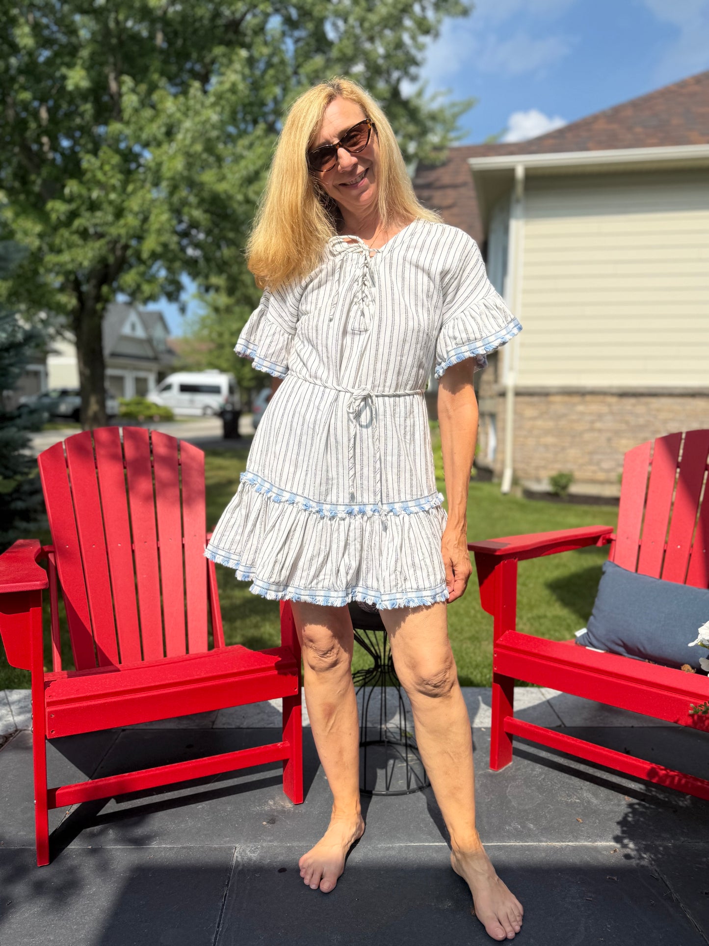 SUBOO Striped Fringe Mini Dress in White (Size S)