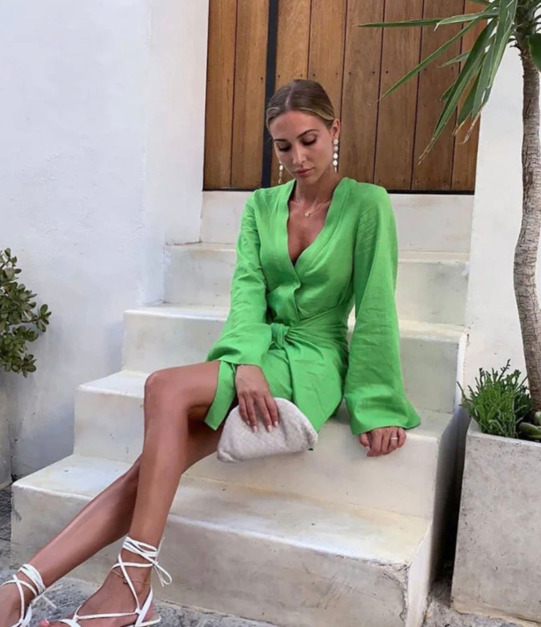 L'Academie "The Janeiro Linen Mini Dress in Green" (Size M)
