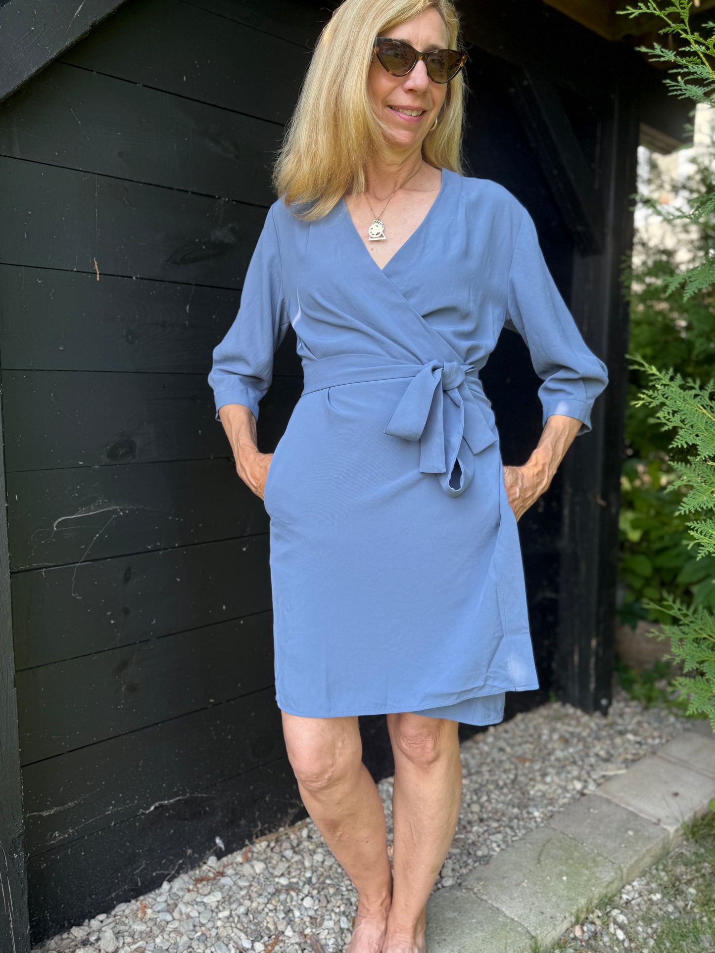 Everlane "The Japanese GoWeave Long-Sleeve Mini Wrap Dress in Blue" (Size S/M)