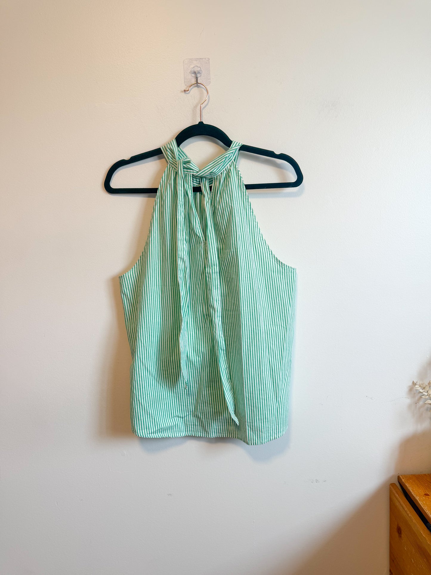 J.Crew "Tie-Neck Poplin Cotton Top in Green/White" (Size 10)