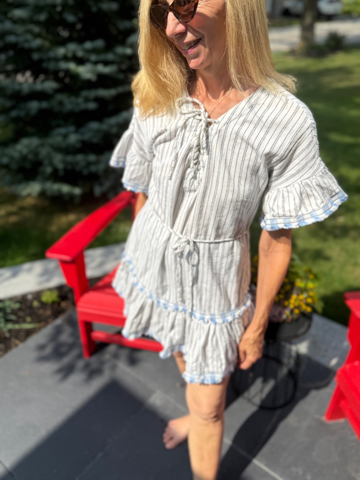 SUBOO Striped Fringe Mini Dress in White (Size S)