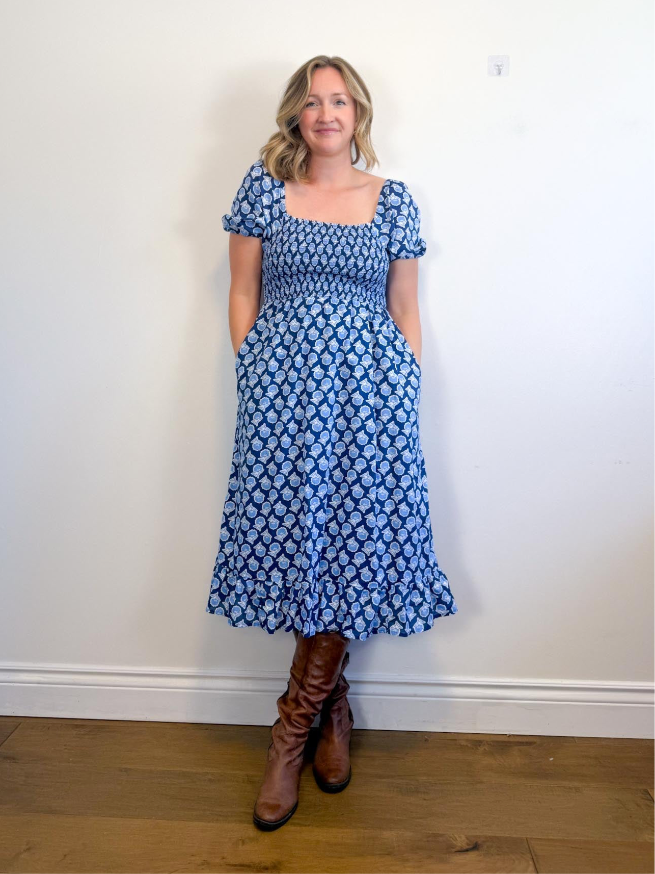 J.Crew Smocked Midi Dress with Puff Sleeves in Blue Print (Size S/M)