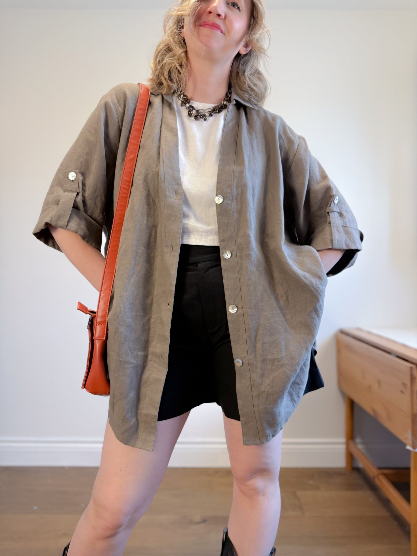 Vintage Oversized Linen Blouse in Grey Brown (Size XL)