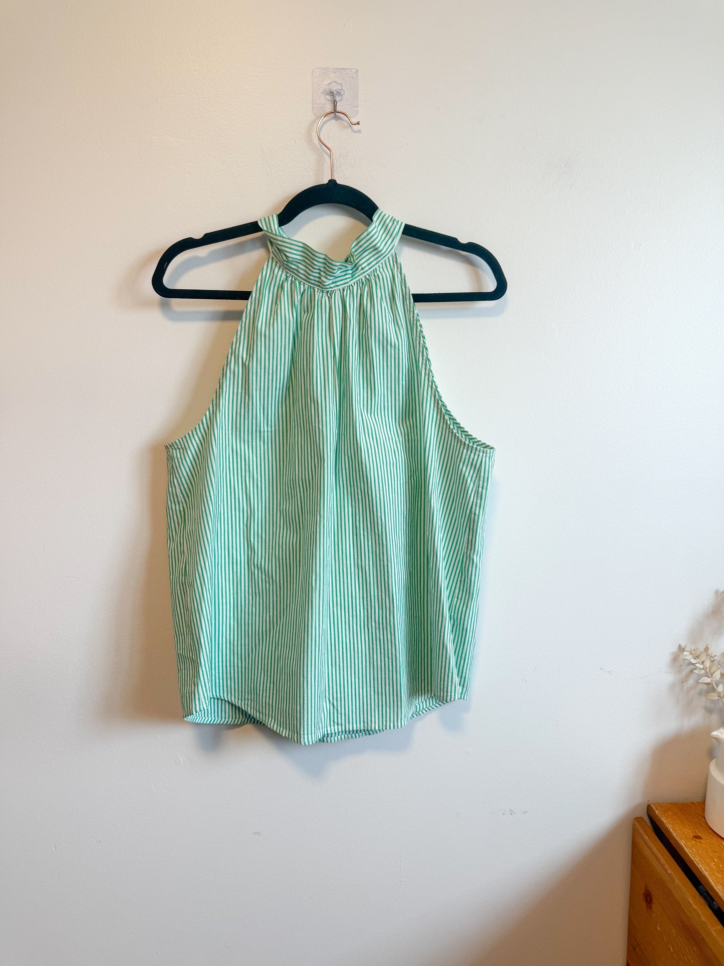J.Crew "Tie-Neck Poplin Cotton Top in Green/White" (Size 10)