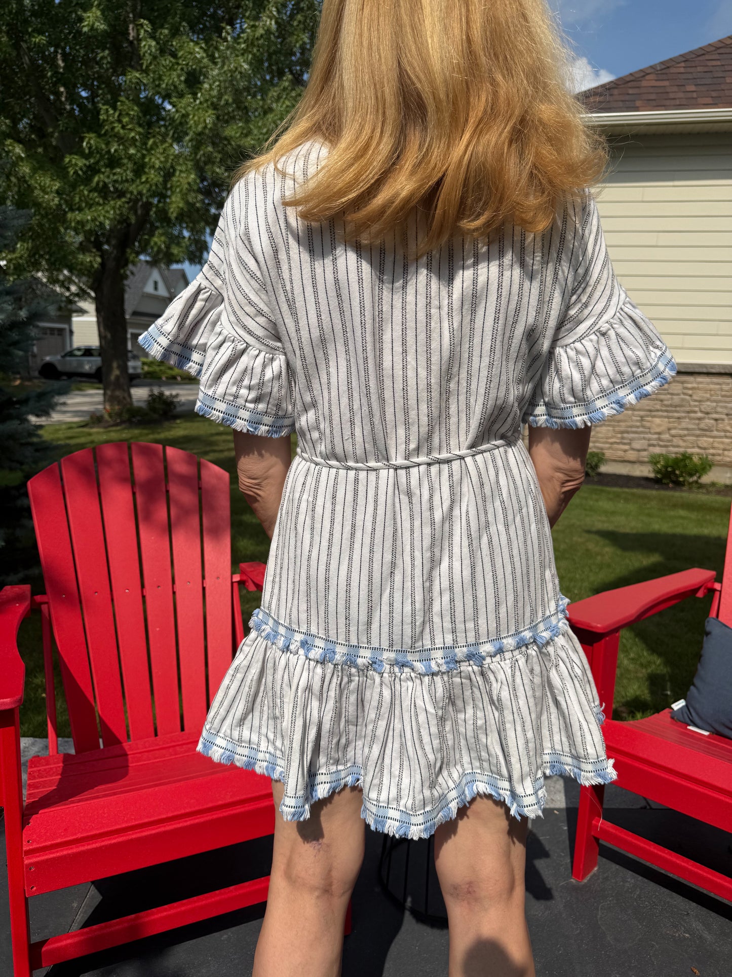 SUBOO Striped Fringe Mini Dress in White (Size S)