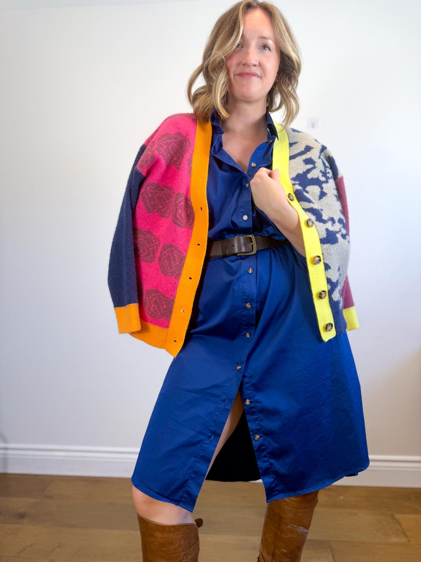 MDM Patchwork Cardigan in Hot Pink/Navy (Size S-L)