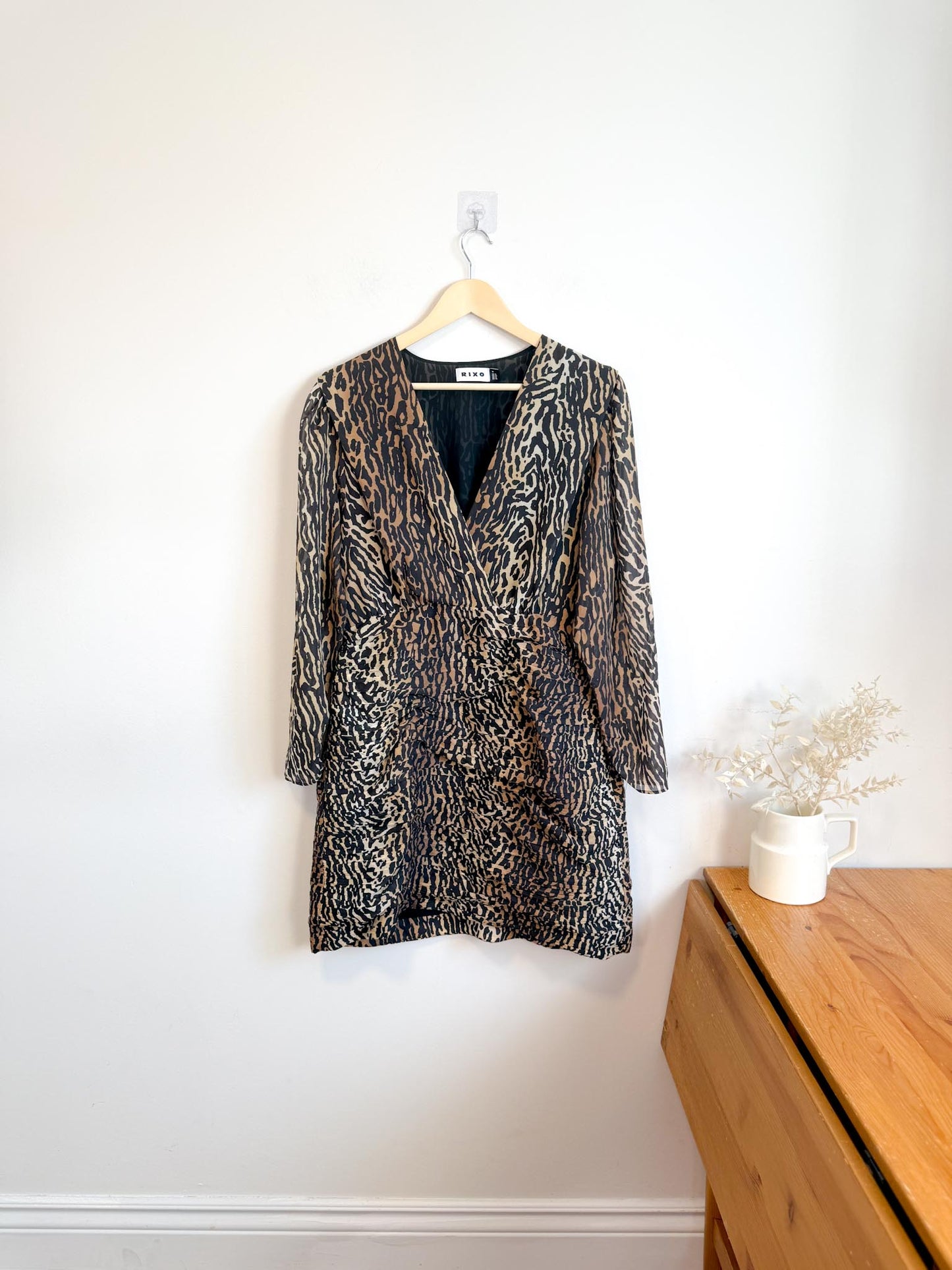 RIXO "Golden Silk Mini Dress in Leopard Print" (Size XL)