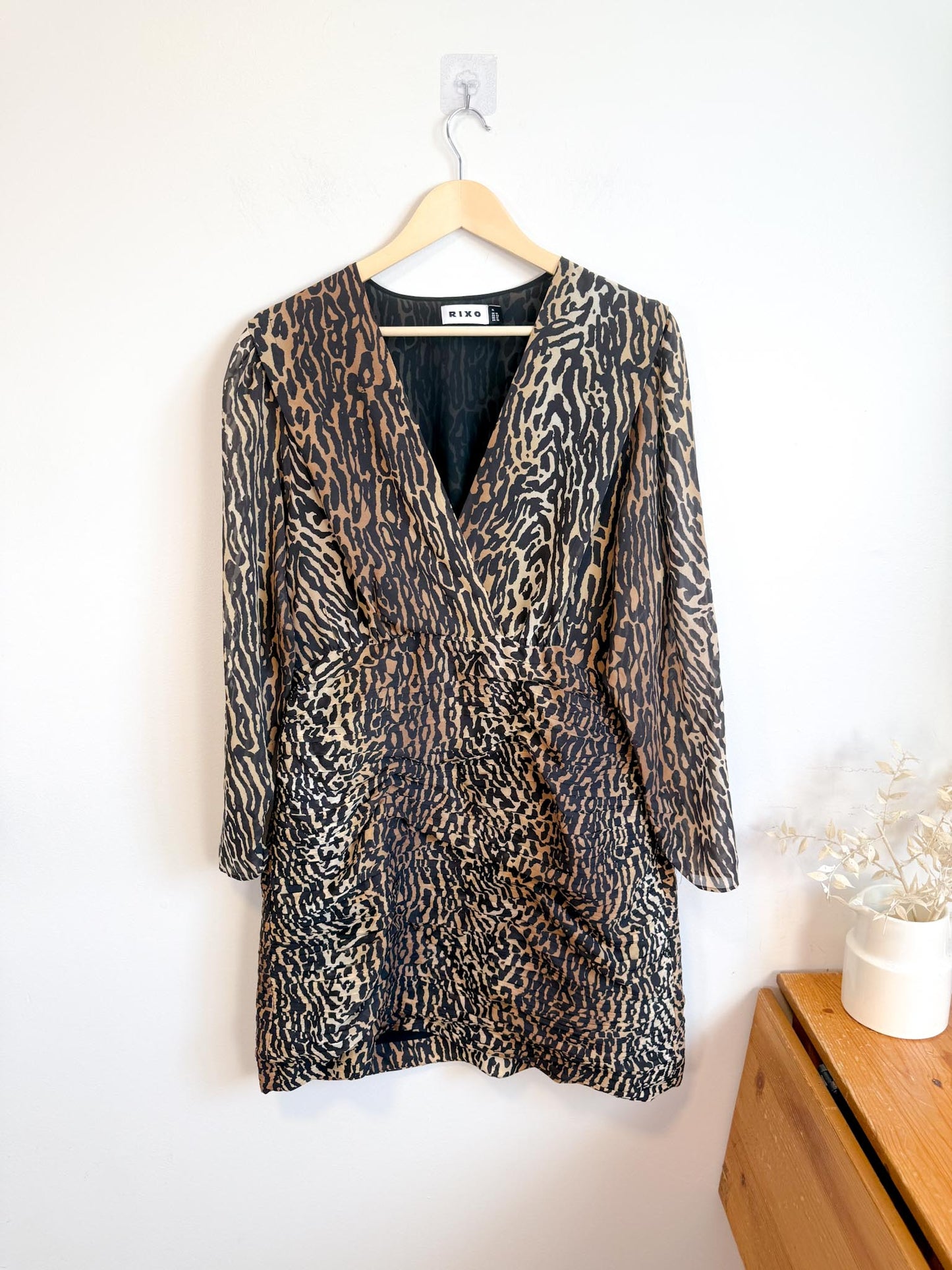 RIXO "Golden Silk Mini Dress in Leopard Print" (Size XL)