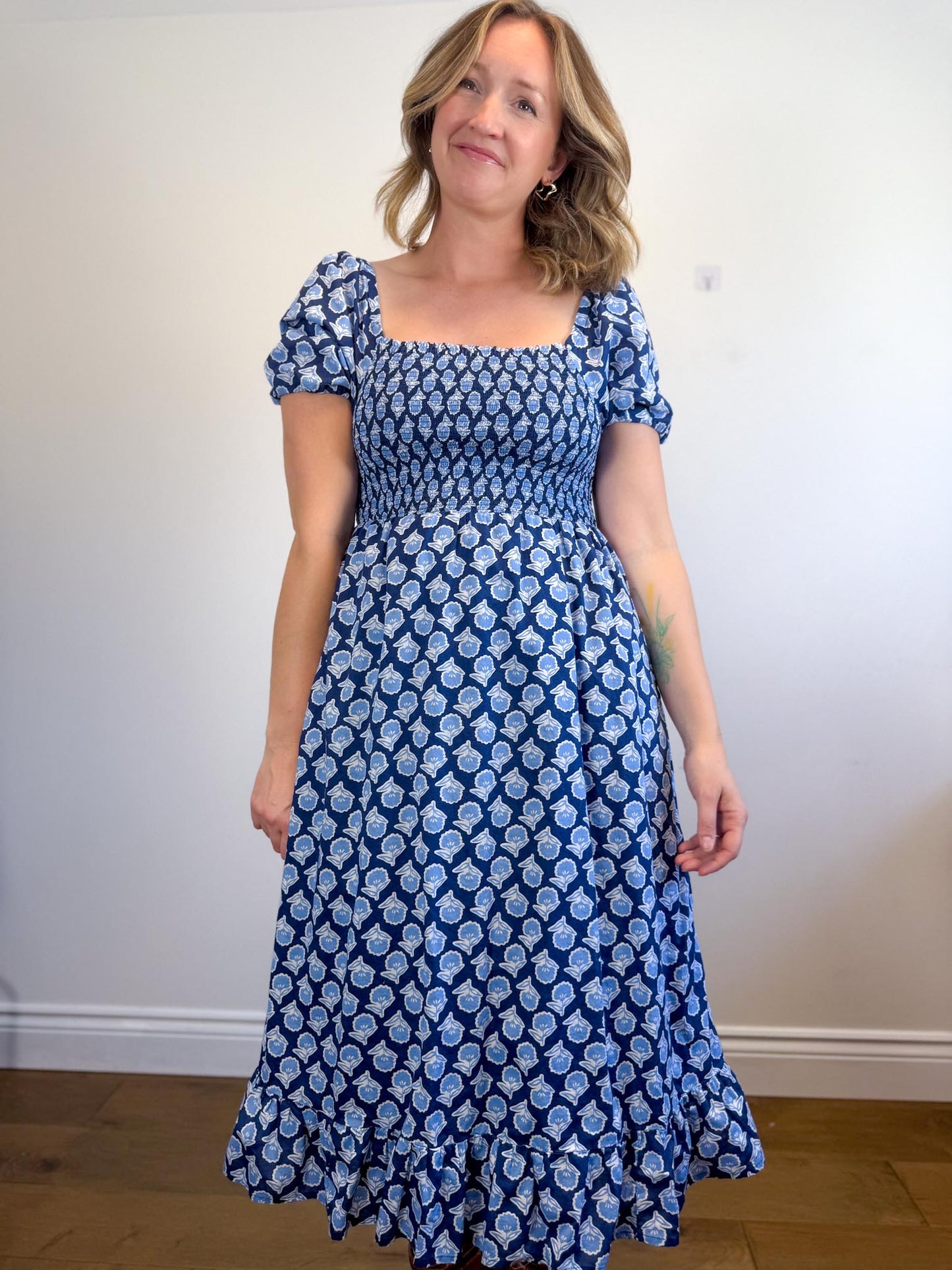 J.Crew Smocked Midi Dress with Puff Sleeves in Blue Print (Size S/M)