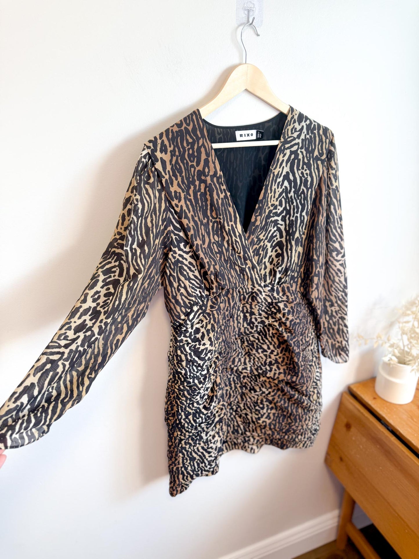 RIXO "Golden Silk Mini Dress in Leopard Print" (Size XL)