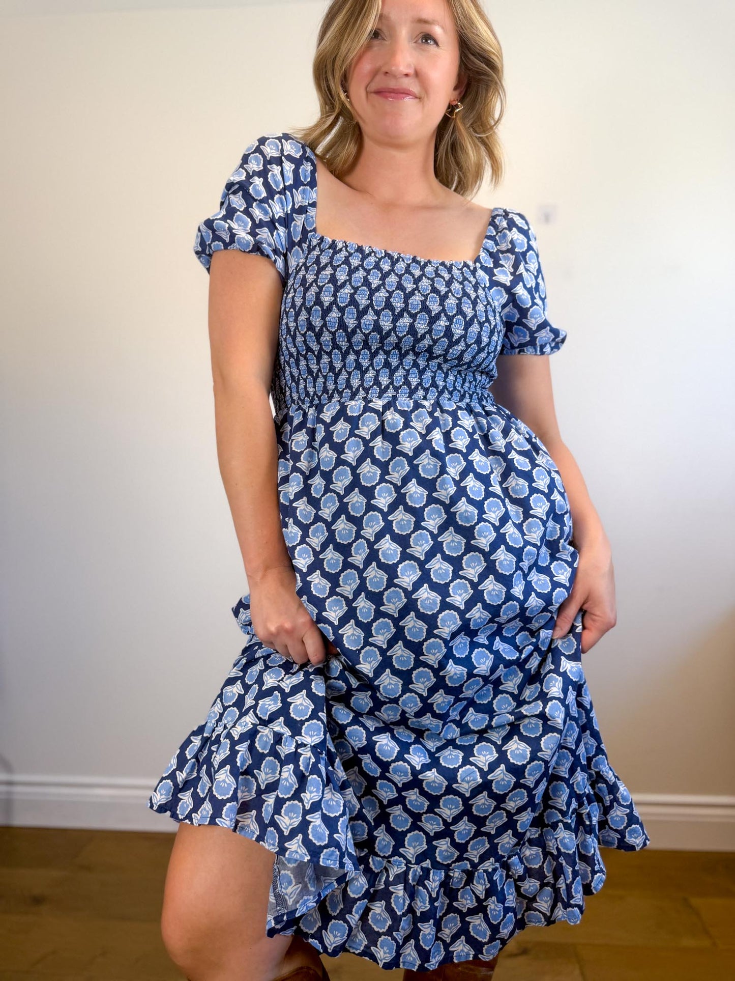 J.Crew Smocked Midi Dress with Puff Sleeves in Blue Print (Size S/M)