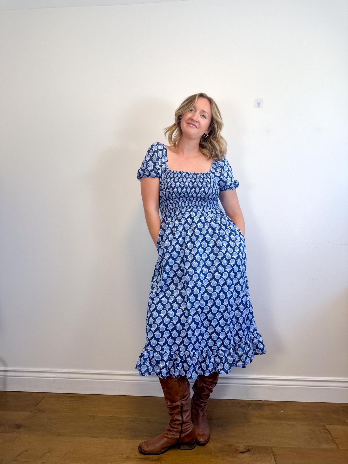 J.Crew Smocked Midi Dress with Puff Sleeves in Blue Print (Size S/M)