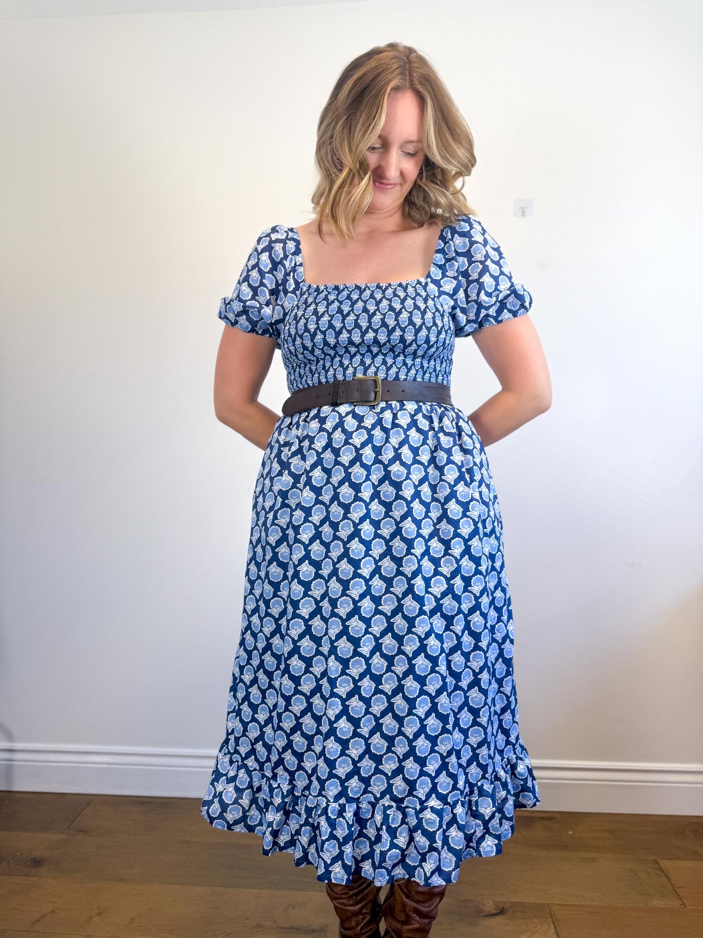 J.Crew Smocked Midi Dress with Puff Sleeves in Blue Print (Size S/M)