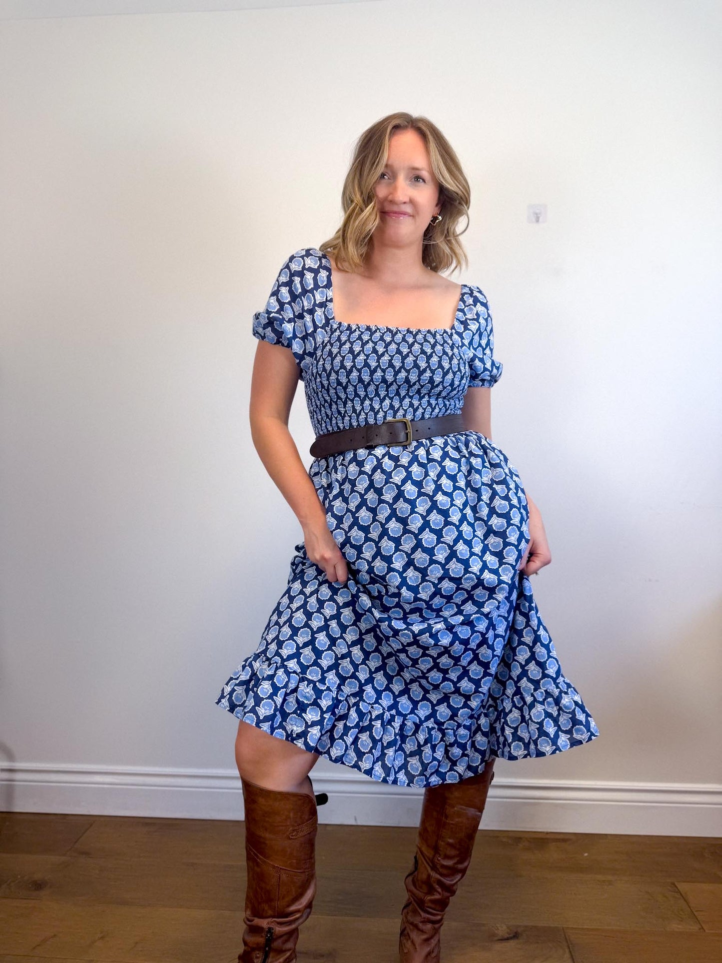J.Crew Smocked Midi Dress with Puff Sleeves in Blue Print (Size S/M)