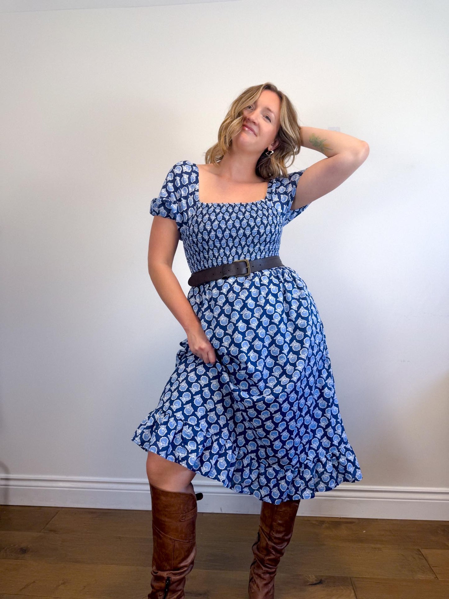 J.Crew Smocked Midi Dress with Puff Sleeves in Blue Print (Size S/M)