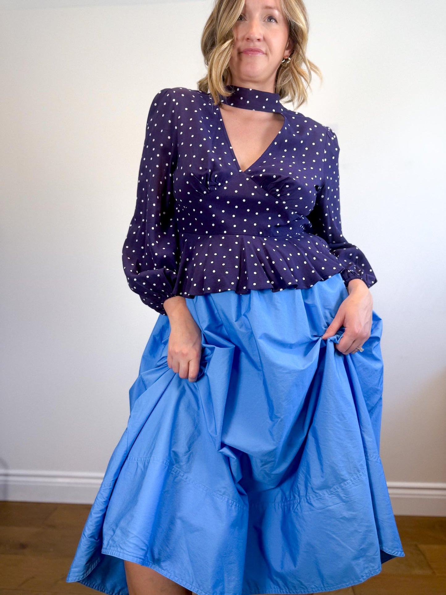 Nobody’s Child Polka Dot High Neck Blouse in Purple/White NWT(Size S)