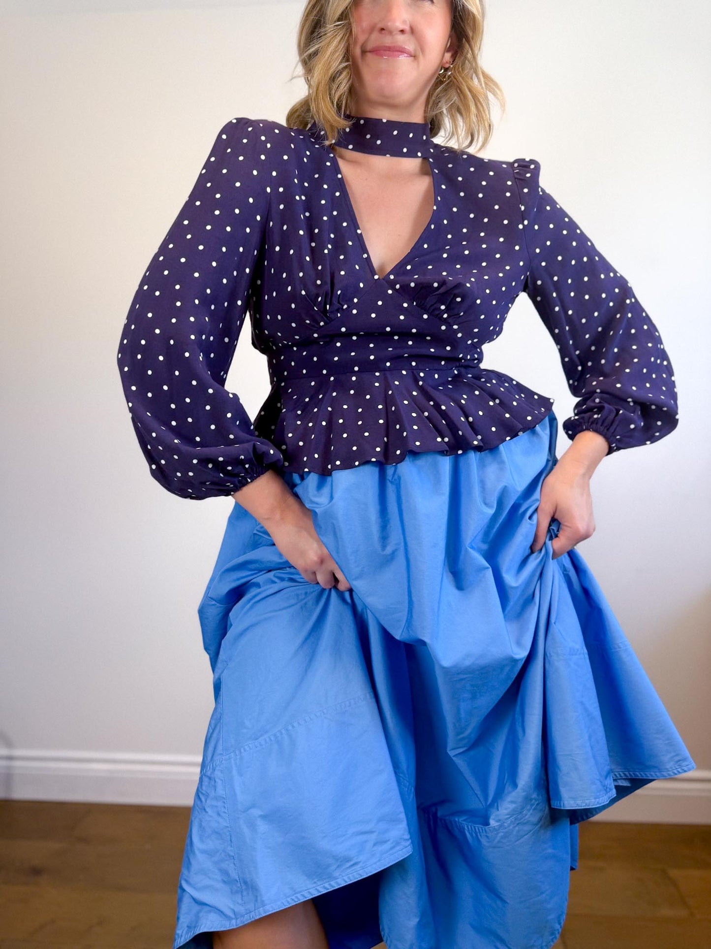 Nobody’s Child Polka Dot High Neck Blouse in Purple/White NWT(Size S)