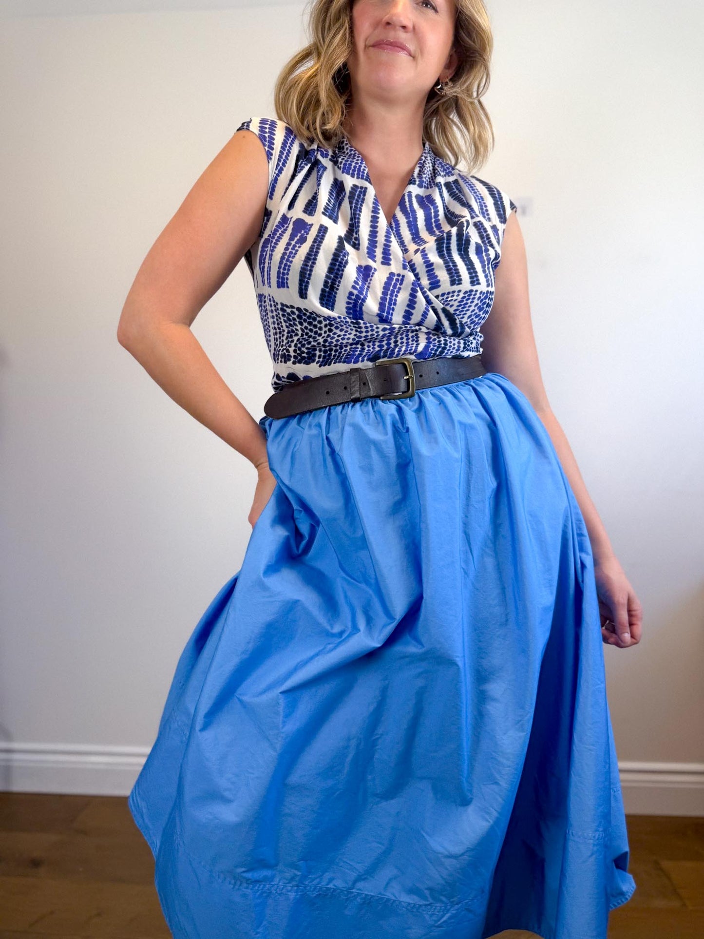 MaxMara Designer Silk Blouse in Blue/White SOLD AS IS (Size L)