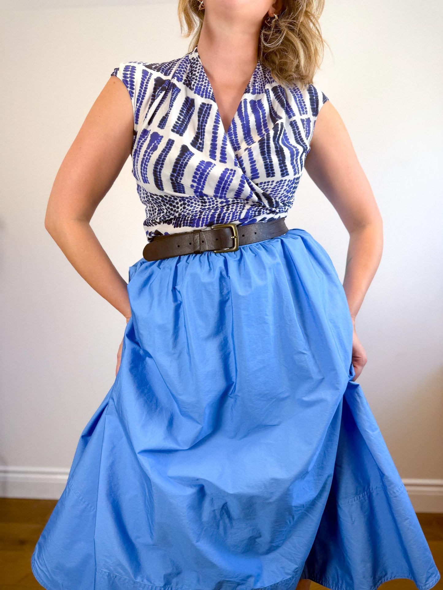 MaxMara Designer Silk Blouse in Blue/White SOLD AS IS (Size L)