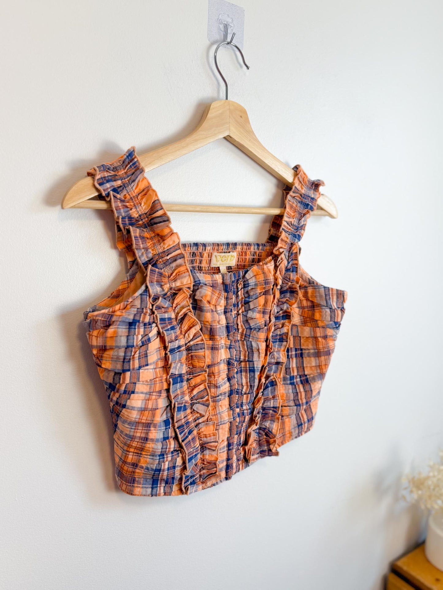Anthropologie "Verb Ruffled Plaid Tank in Orange/Navy" NWT (Size XS-M)