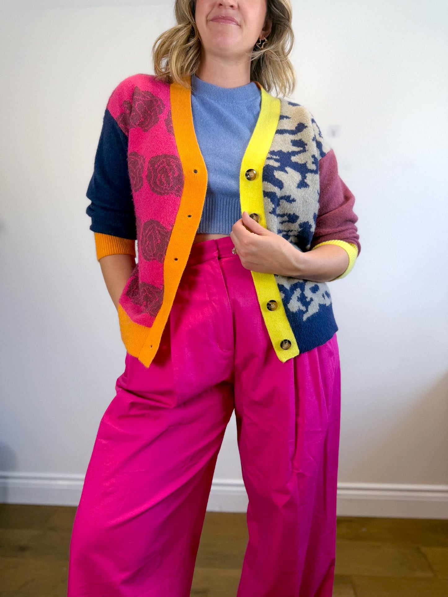 MDM Patchwork Cardigan in Hot Pink/Navy (Size S-L)