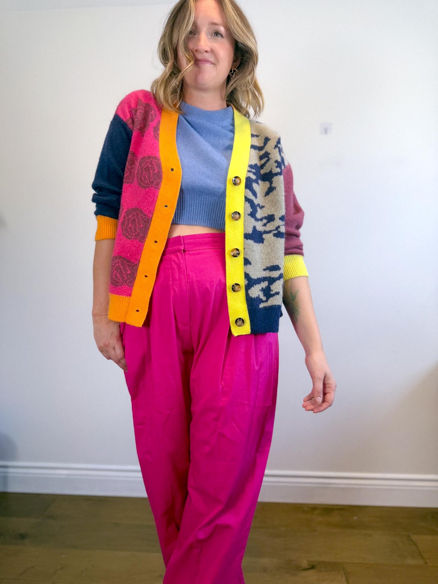 MDM Patchwork Cardigan in Hot Pink/Navy (Size S-L)