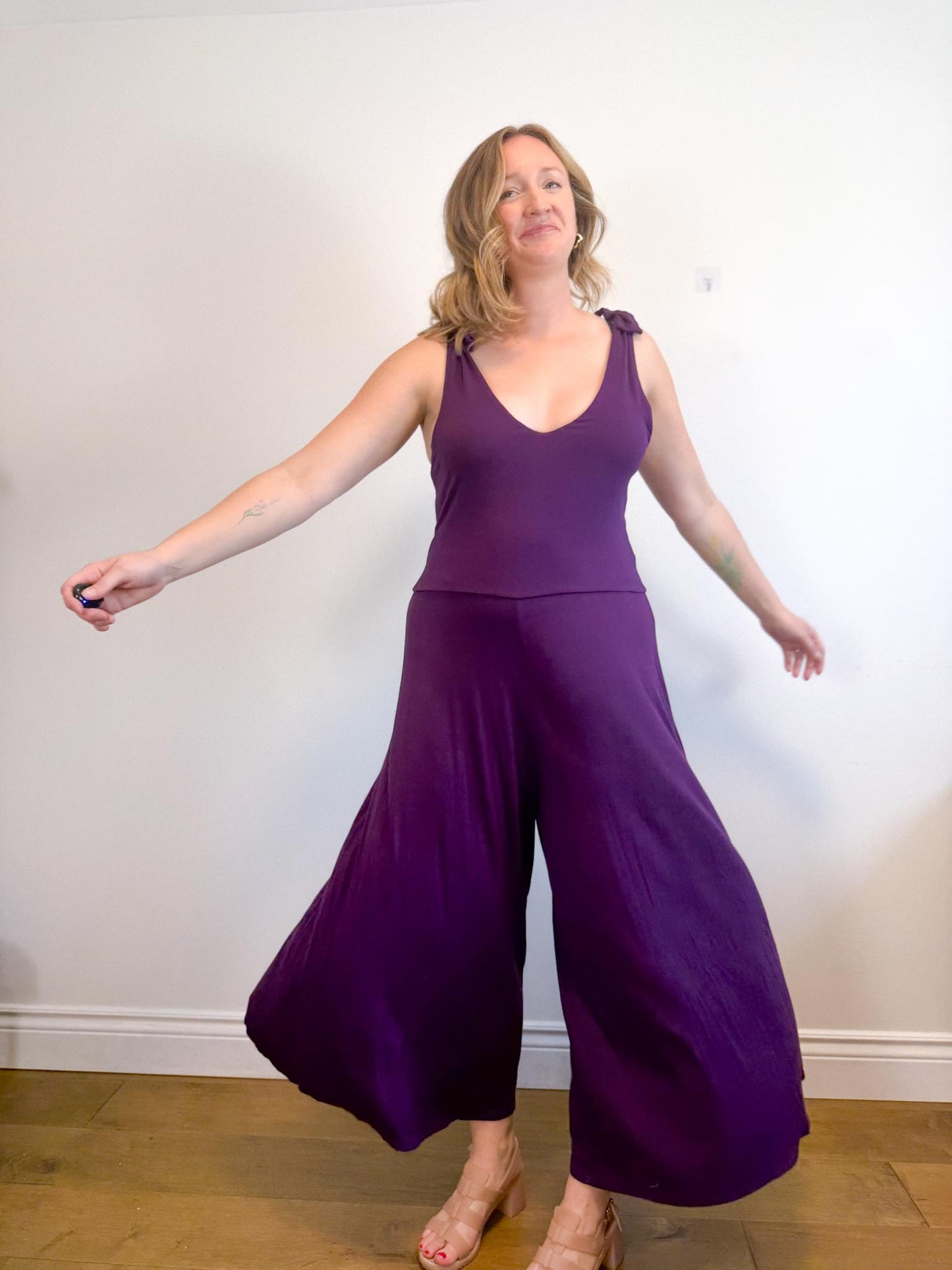 METTAMADE Slow Fashion Wide Leg Jumpsuit in Purple (Size L)