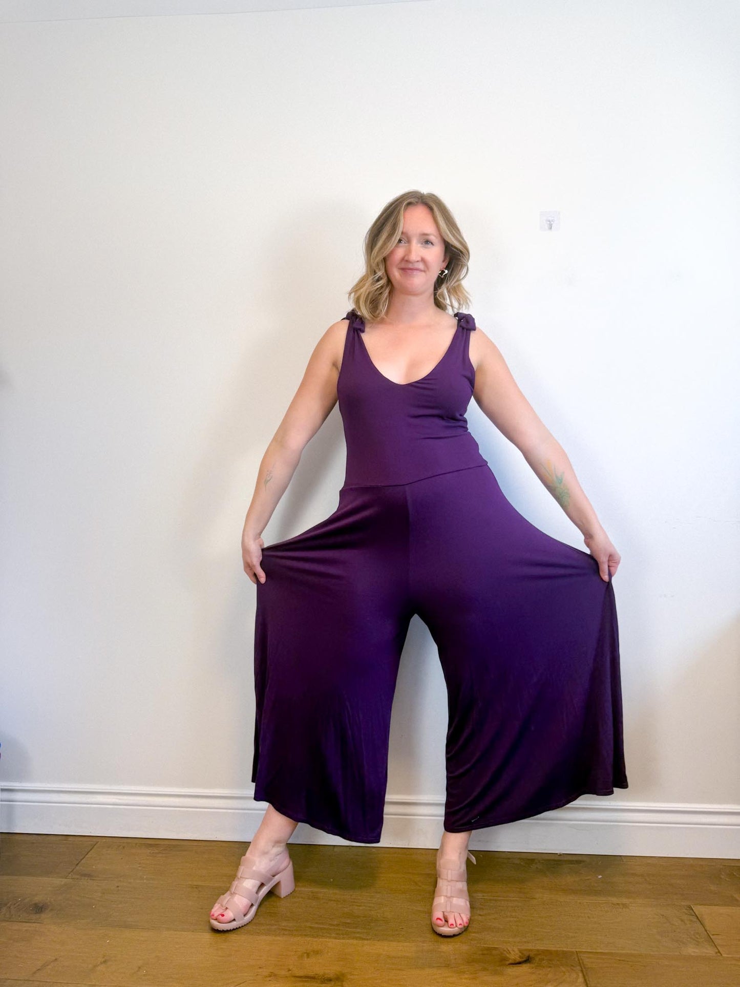 METTAMADE Slow Fashion Wide Leg Jumpsuit in Purple (Size L)