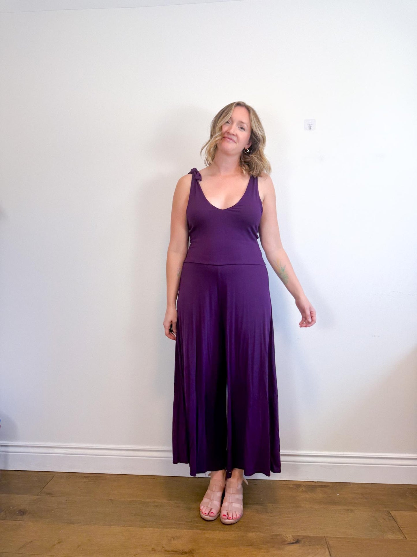 METTAMADE Slow Fashion Wide Leg Jumpsuit in Purple (Size L)