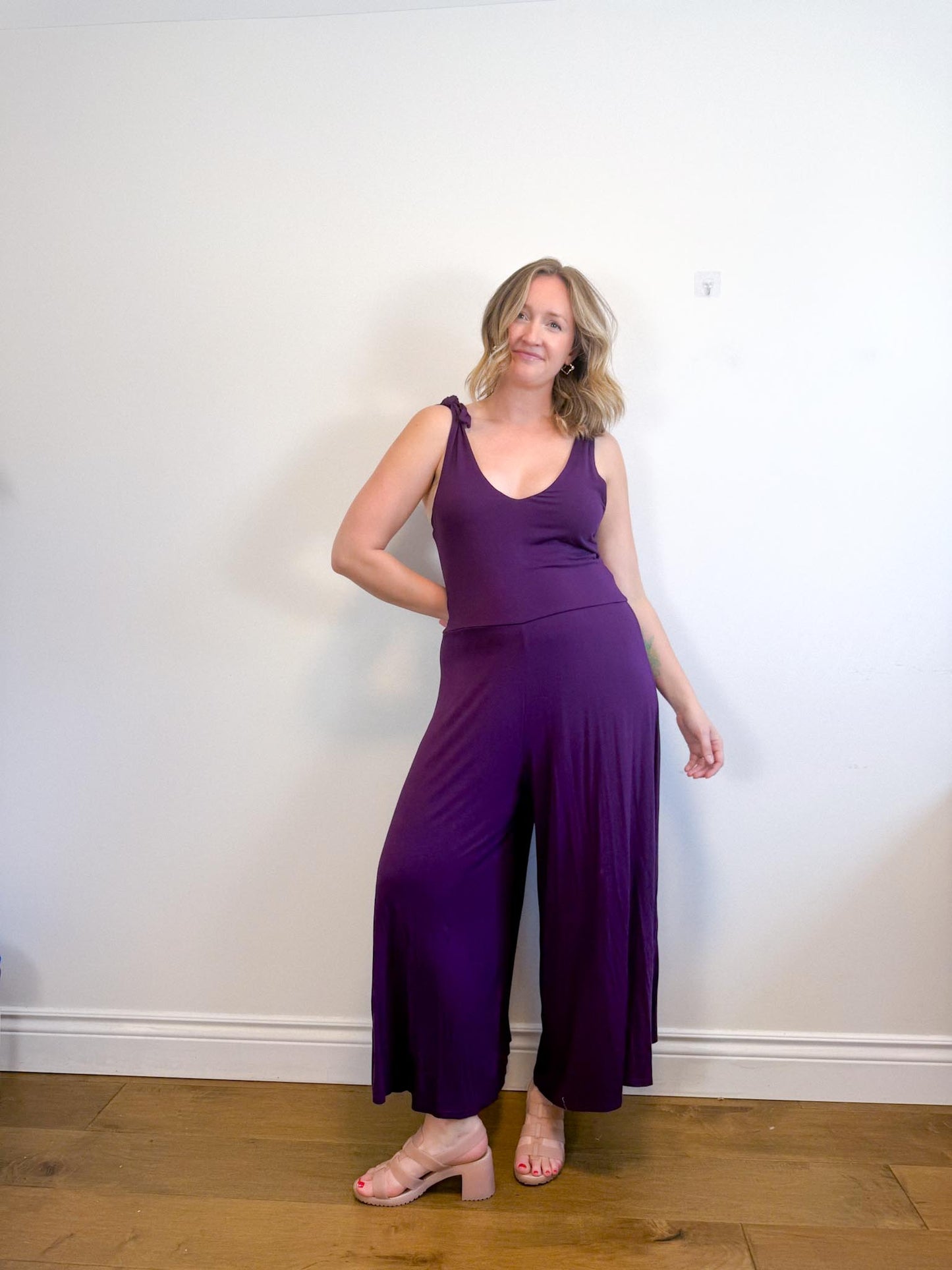 METTAMADE Slow Fashion Wide Leg Jumpsuit in Purple (Size L)