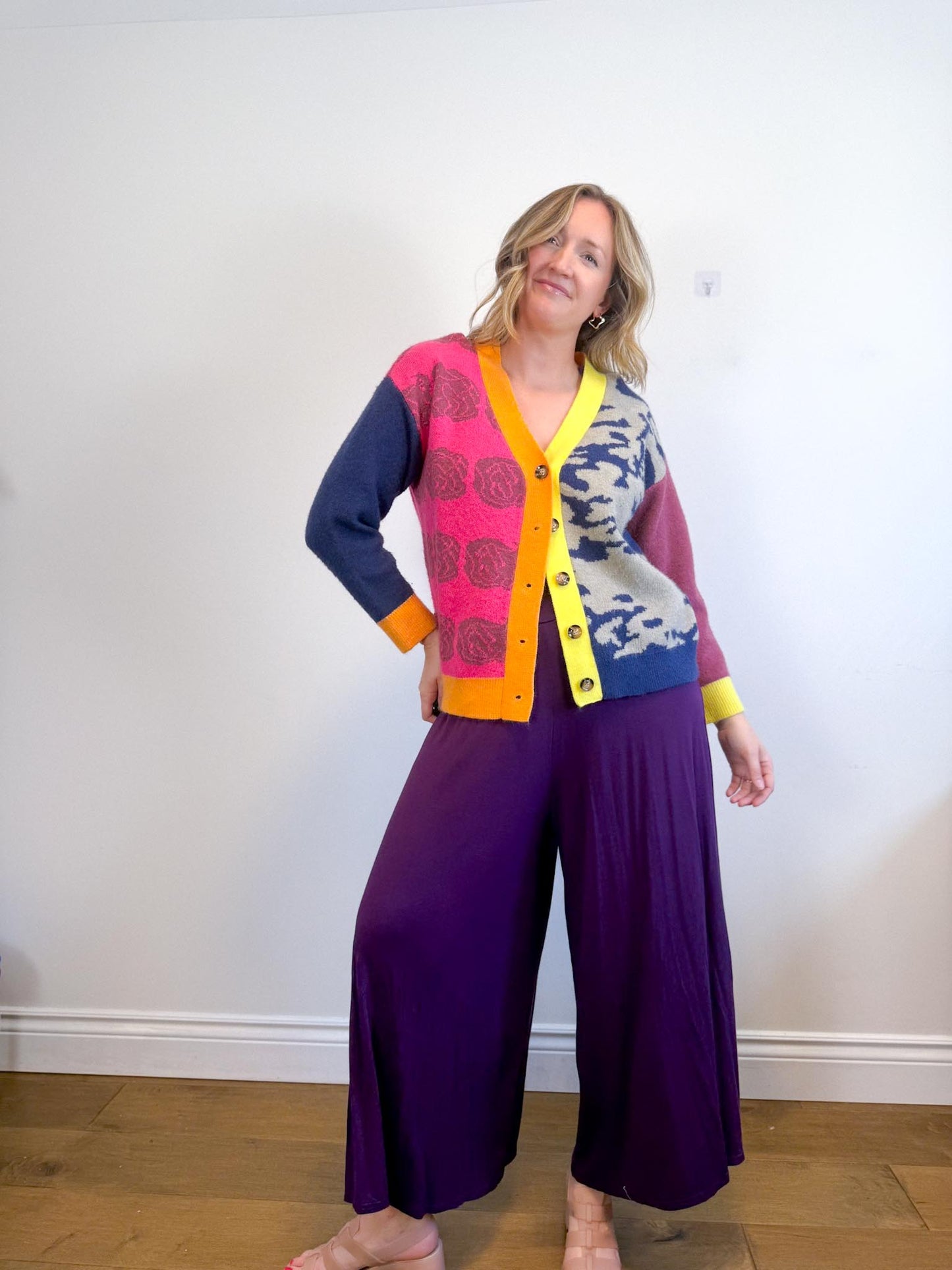 MDM Patchwork Cardigan in Hot Pink/Navy (Size S-L)
