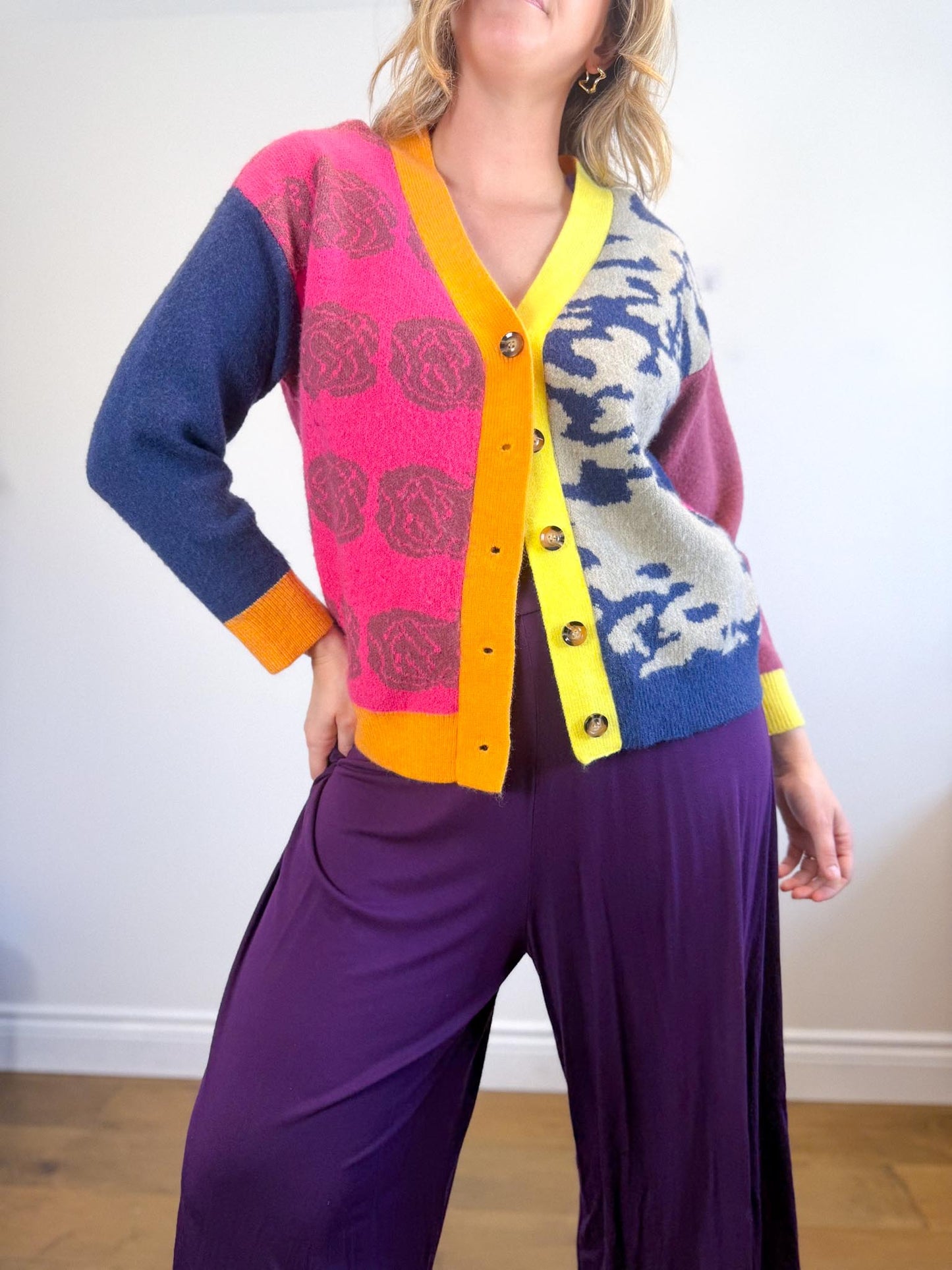 MDM Patchwork Cardigan in Hot Pink/Navy (Size S-L)