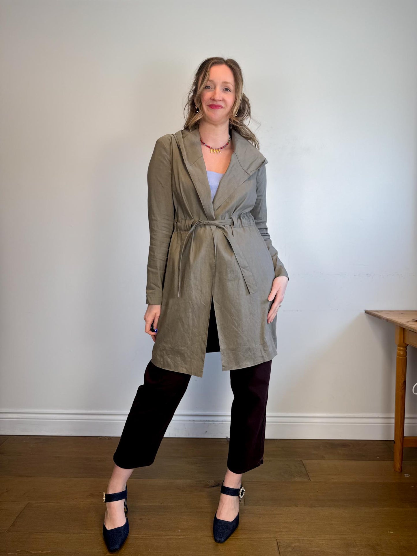 Sarah Pacini Designer Hooded Linen Trench Coat in Grey (Size S/M)